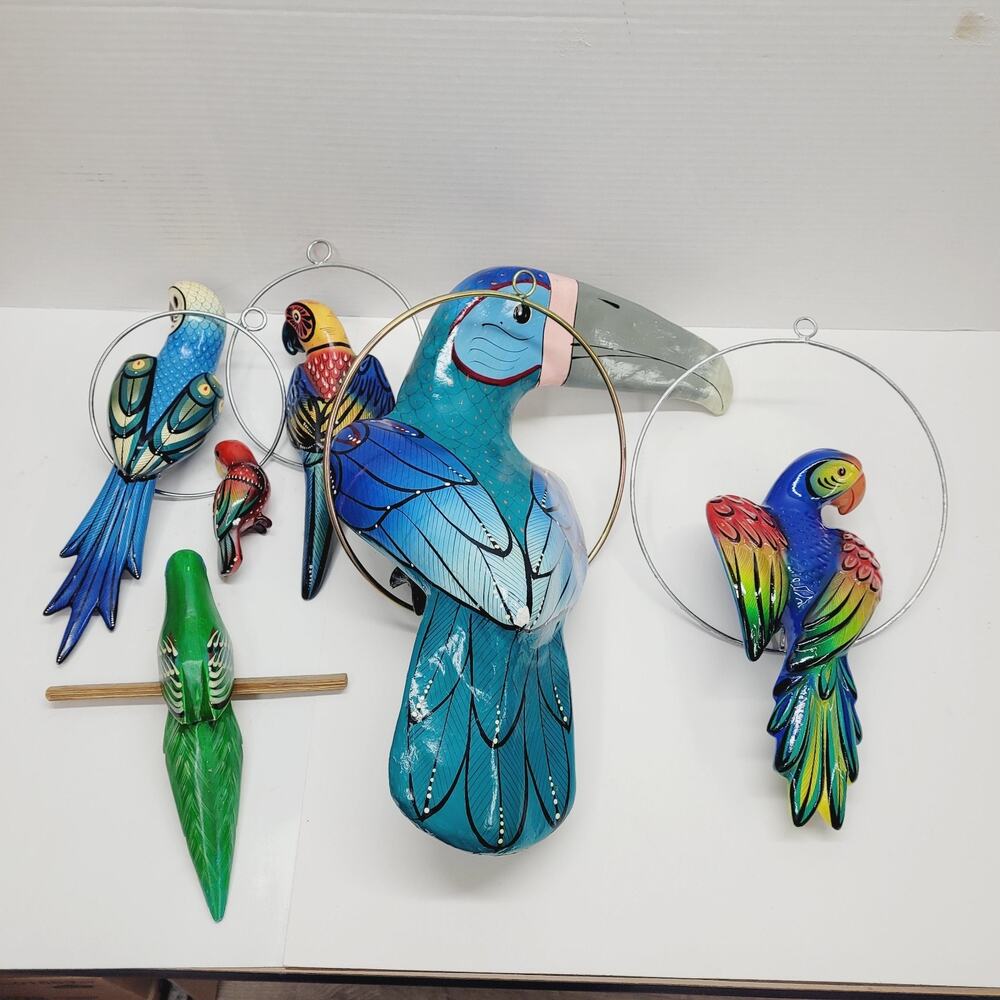 Lot of 6 Talavera Ceramic Papier Mache Wood Parrots Perches Mexico Hand Painted